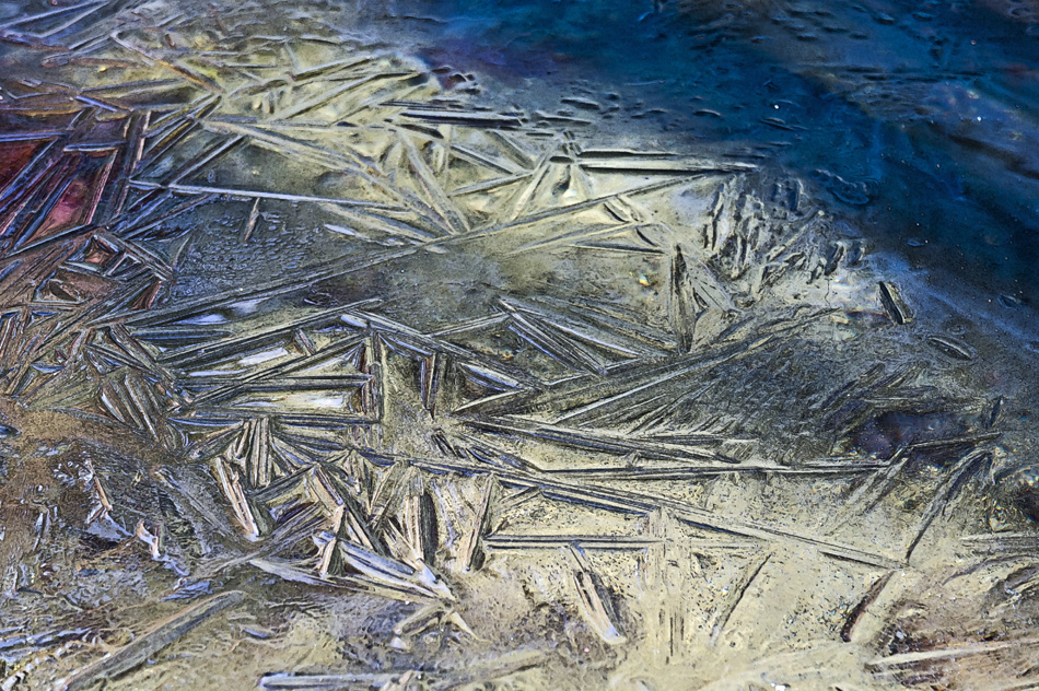 Abstract: Macro ice crystals reflecting the colors of their surroundings.