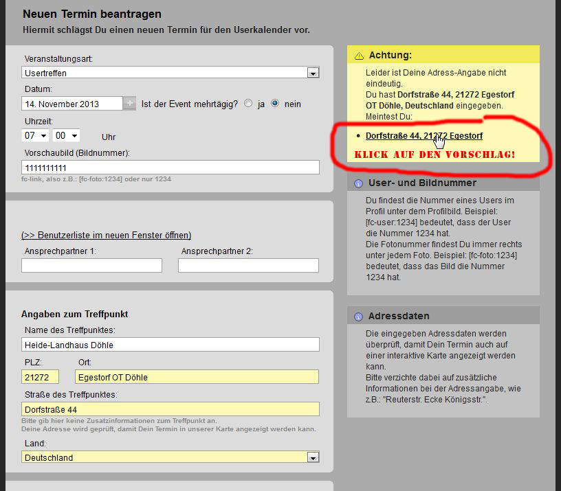 Adresse im Termin nicht korrekt