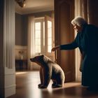 Ältere Dame mit einem Bär als Türstopper