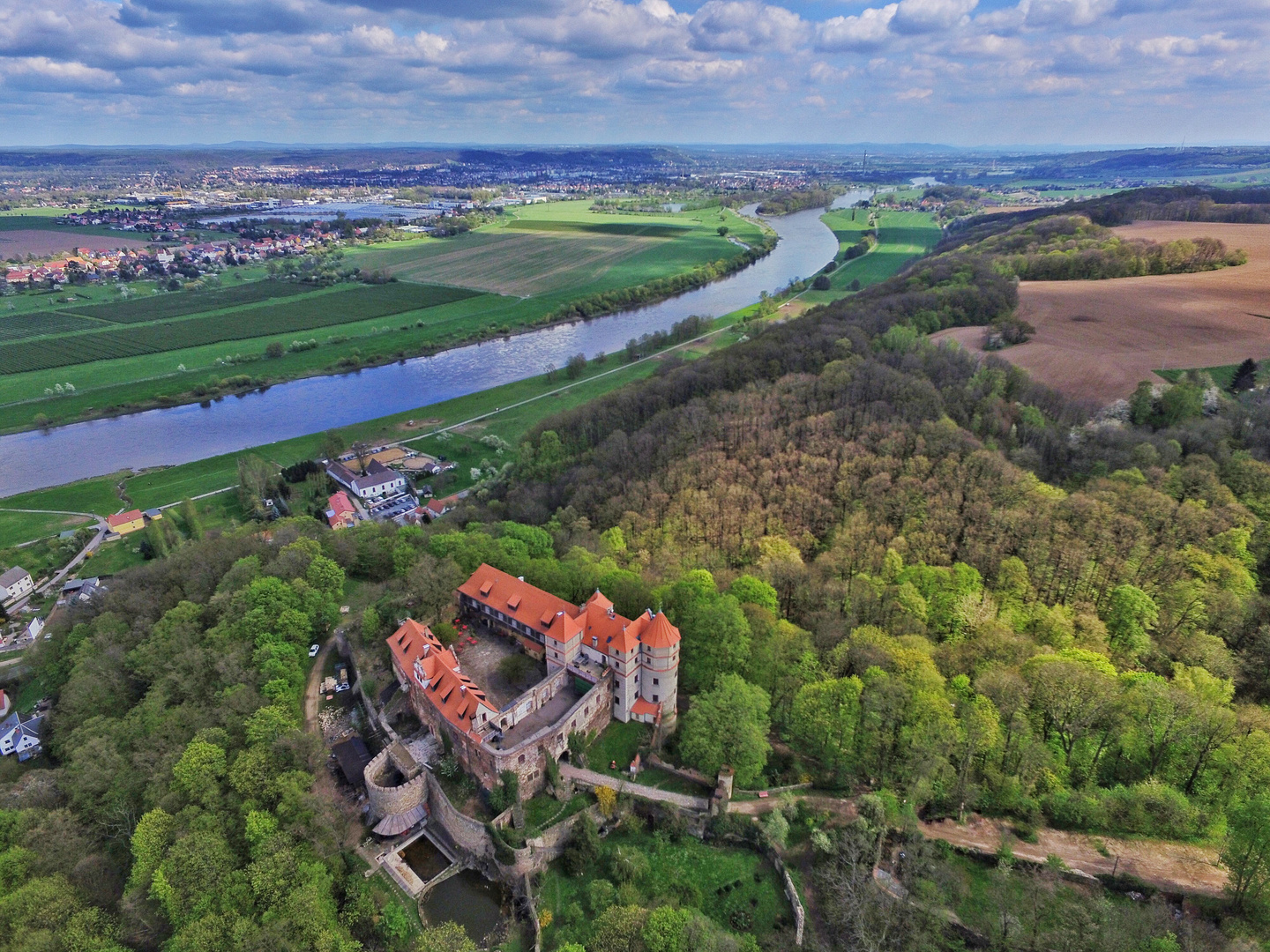 aerial view at castle scharfenberg with river elbe