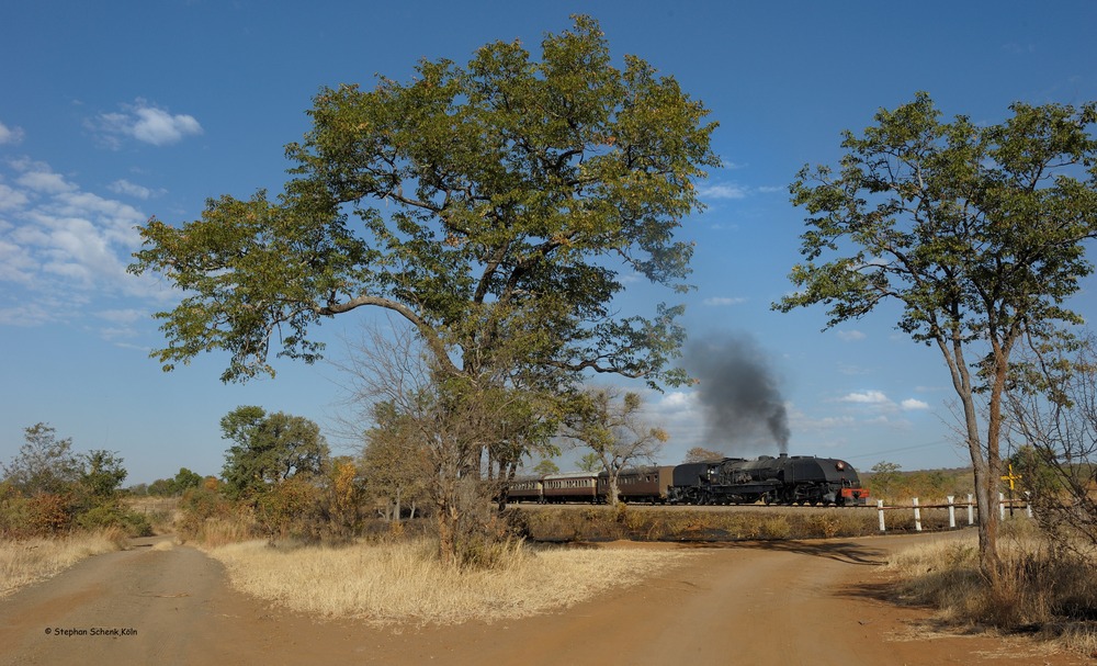 Afrika; Zimbabwe 2013 (8) Weggabelung mit Bahnübergang und ohne Elefant