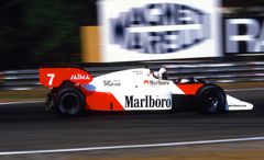 Alain Prost ( F ) Gegengerade in Zolder Belgien. Im McLaren TAG Turbo Porsche