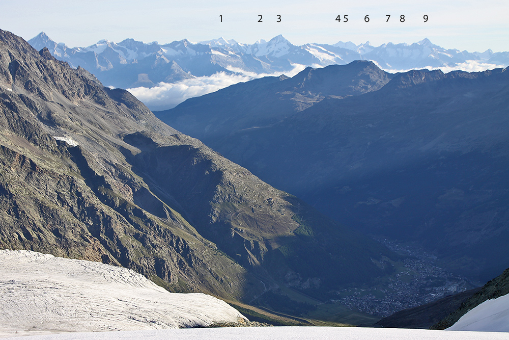 Alle 9 Viertausender der Berner Alpen vom Mittelallalin