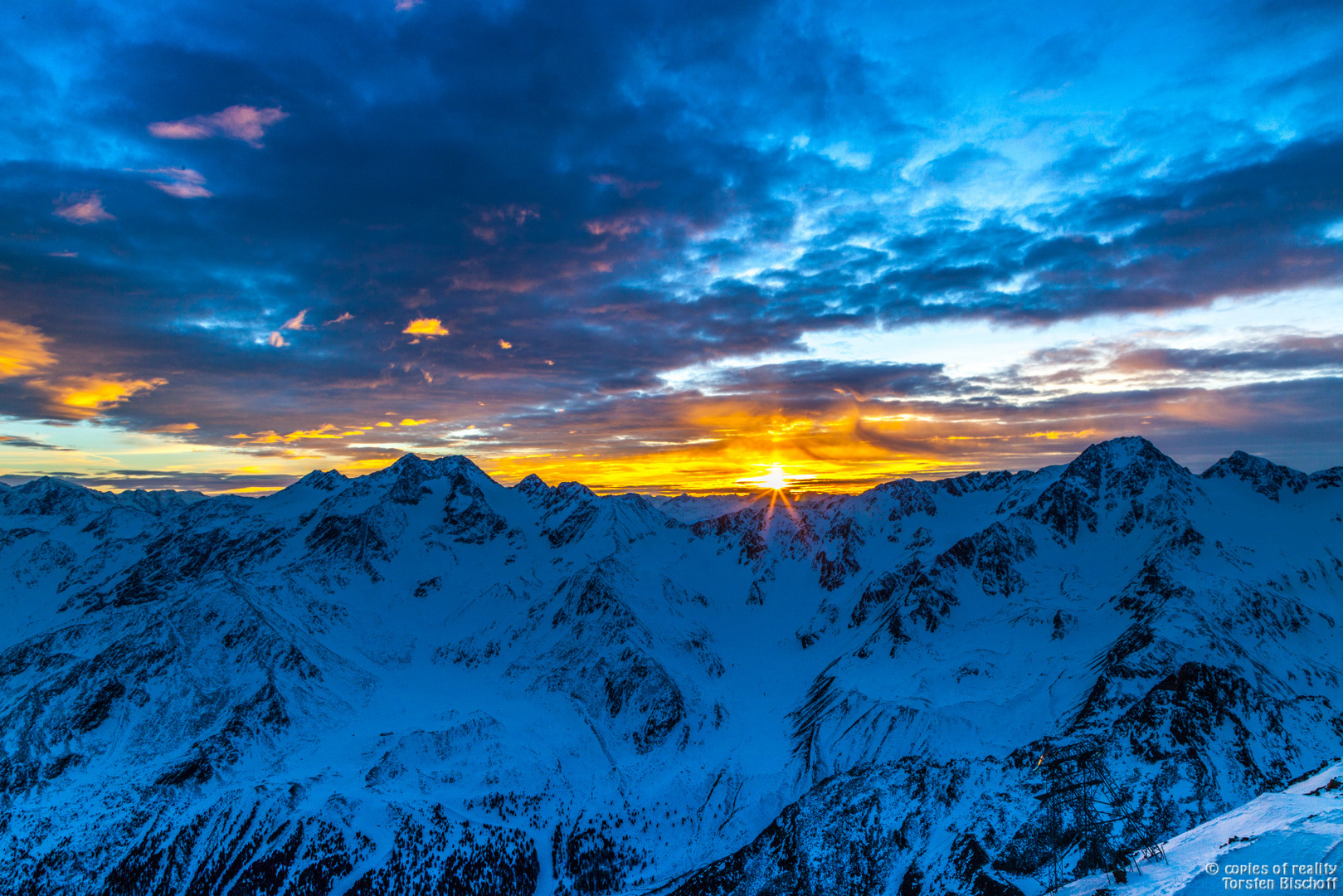 Alpenglühen Sonnenuntergang auf dem Grawand im Schnalstal, Südtirol, Italien