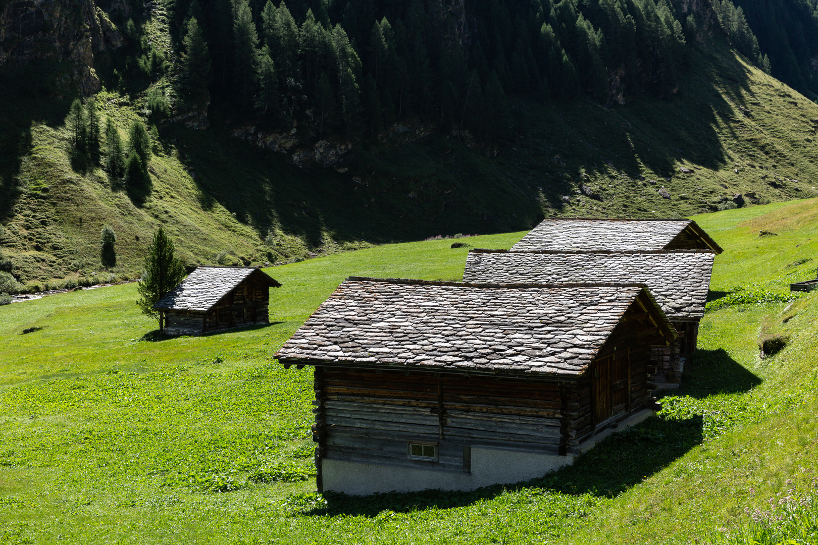 Alphütten im Val Madris mit Steindächern