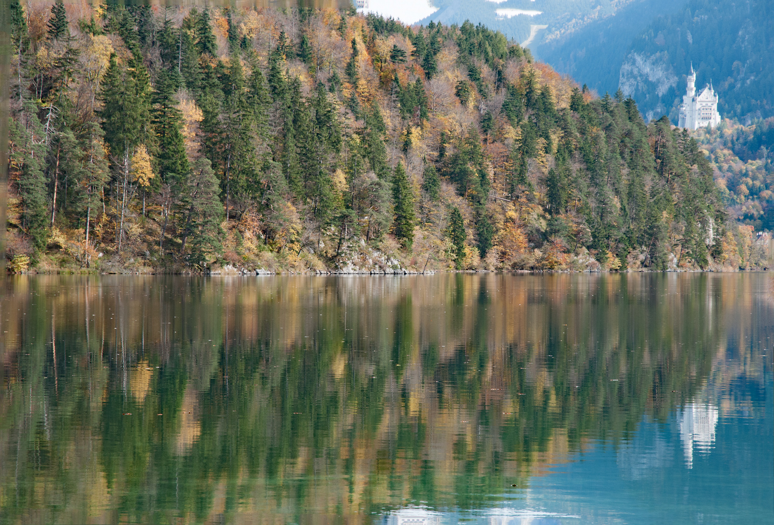 Alpsee im Herbst mit Spiegelung von Neuschwanstein