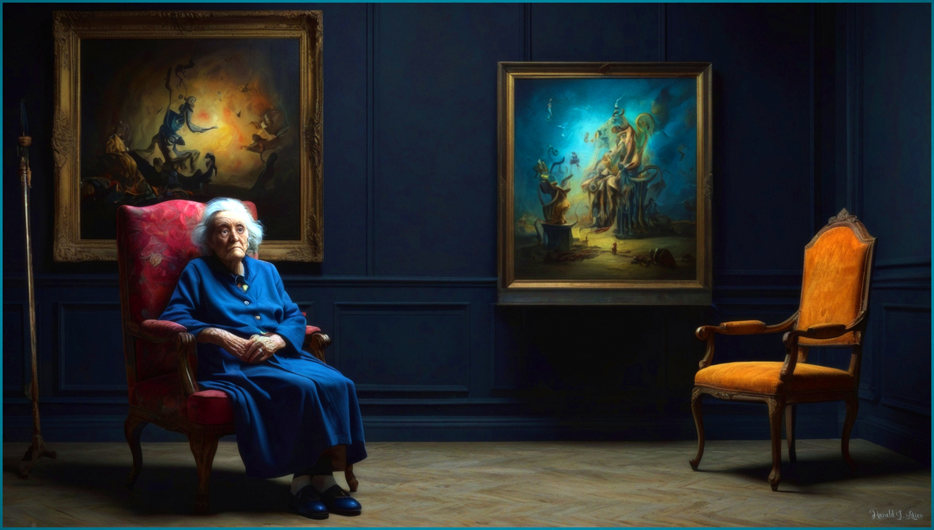 Alte Frau in der Galerie sucht Mann für leeren Stuhl