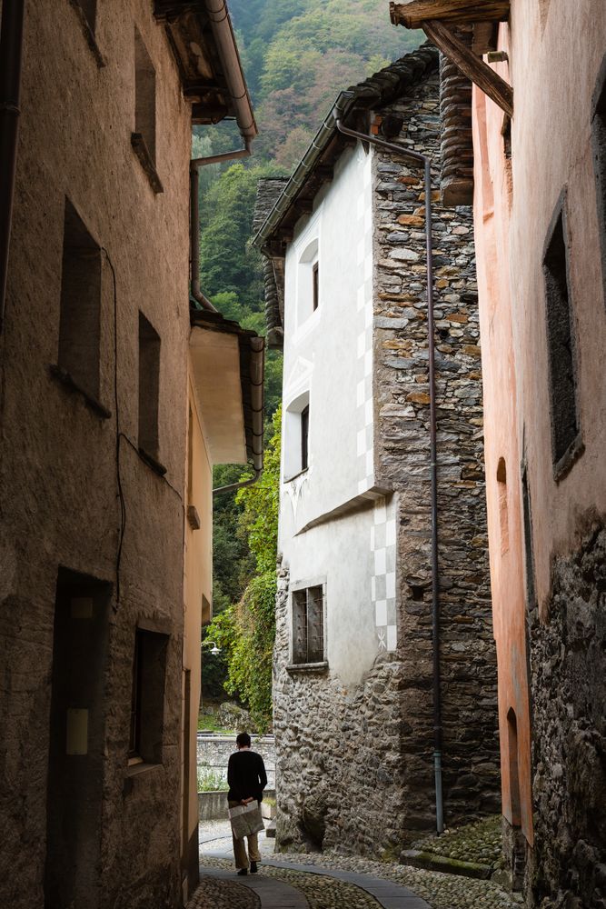 Alte Häuser, Gasse und der Bergwald