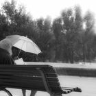 Alter Mann mit Regenschirm und Buch