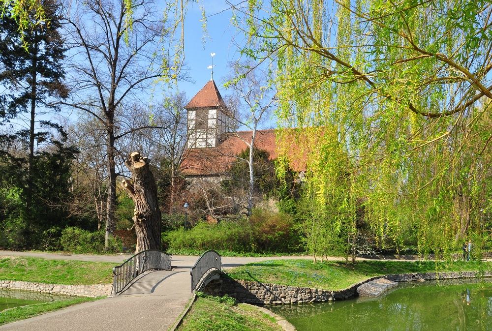 Alter Park mit Dorfkirche im Frühling....