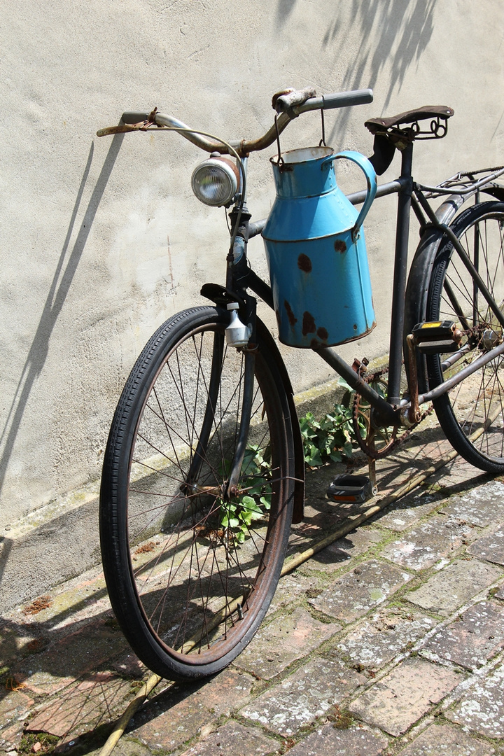 Altes Fahrrad mit blauer Milchkanne