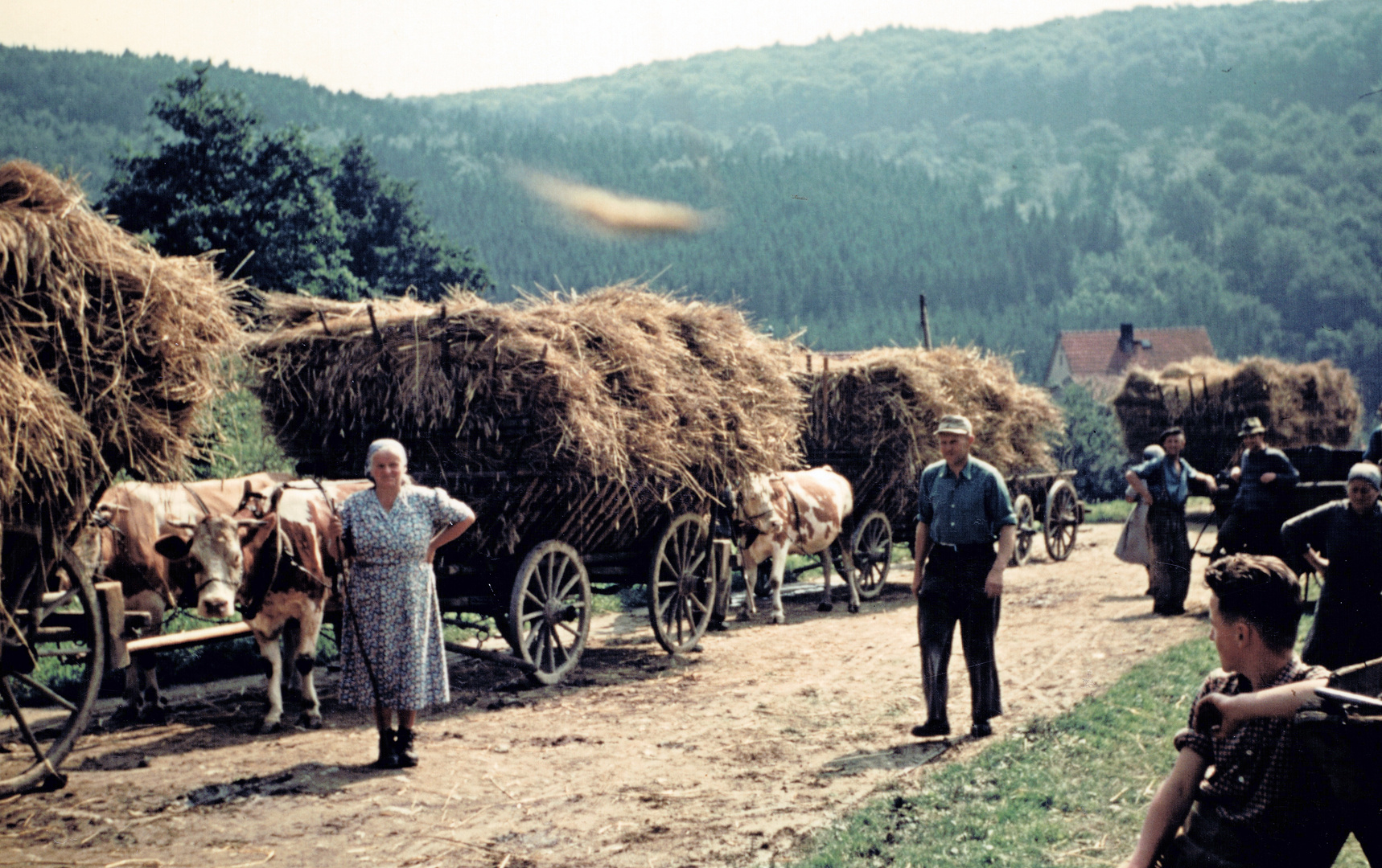 Am Dreschplatz ca. 1954 - Bauern in Warteposition