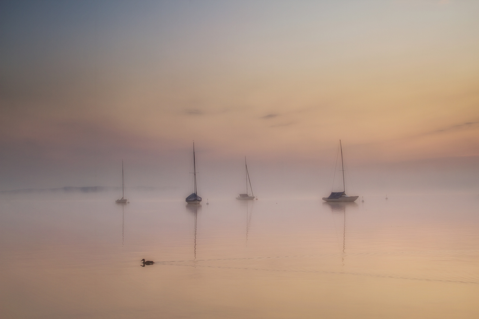 Ammersee im Nebel bei Sonnenaufgang