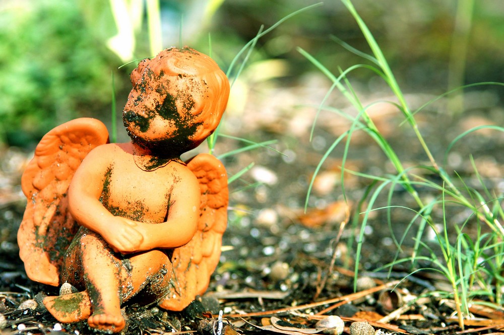 An angel sits among the dirt.