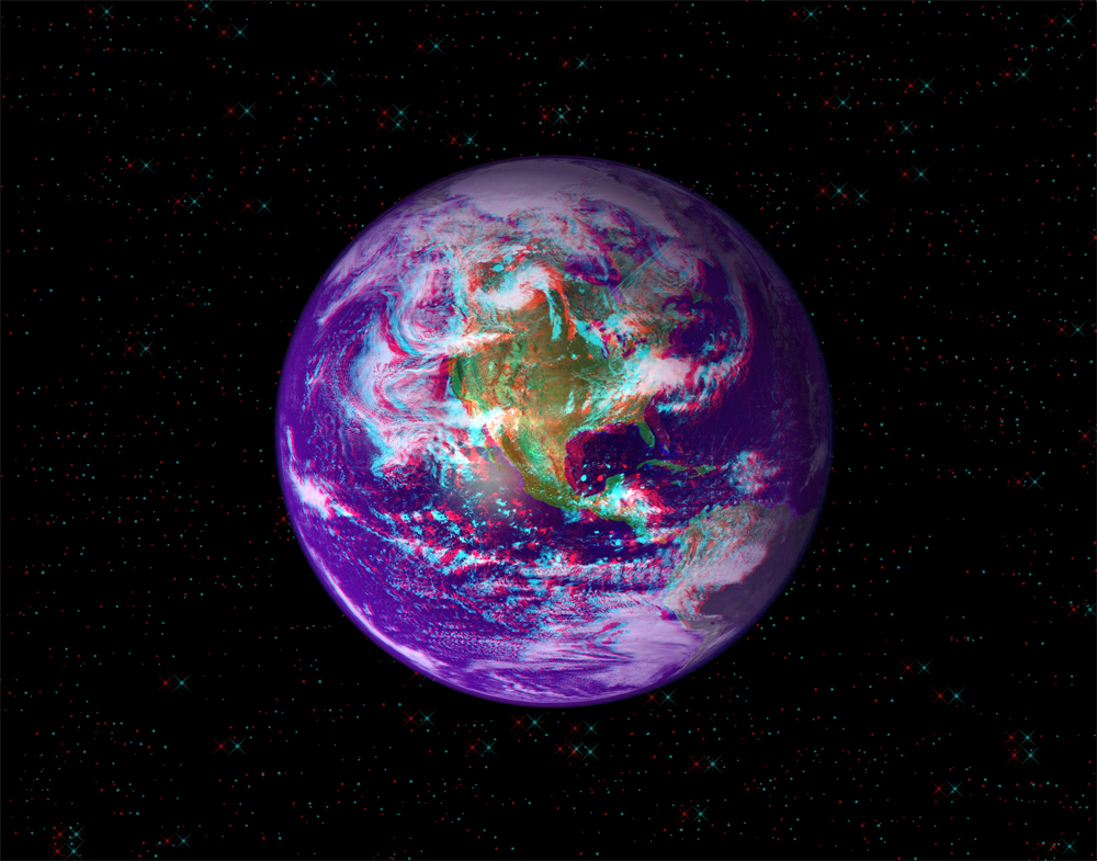 Anaglyphe - Virtuelle 3D-Darstellung unseres "Blauen Planeten" - Quelle des Originals: NASA