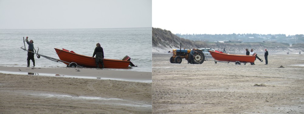 Angelboote werden am Strand von Nørlev mit dem Traktor in und aus dem Wasser geholt.