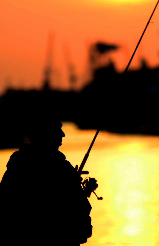 Angler in Hafen City mit Blick auf Containerhafen