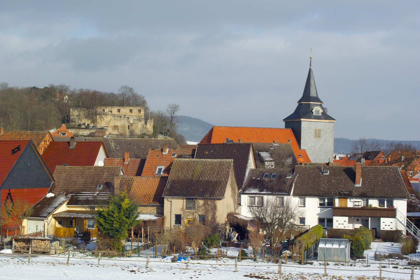 Ansicht auf das "Alte" Salzderhelden ,gesehen vom Schutzdeich zum Leinerückhaltebecken.