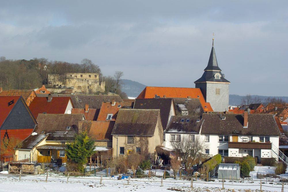 Ansicht auf das "Alte" Salzderhelden ,gesehen vom Schutzdeich zum Leinerückhaltebecken.