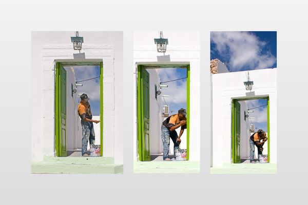 Anstreicher-Collage unter blauem Himmel