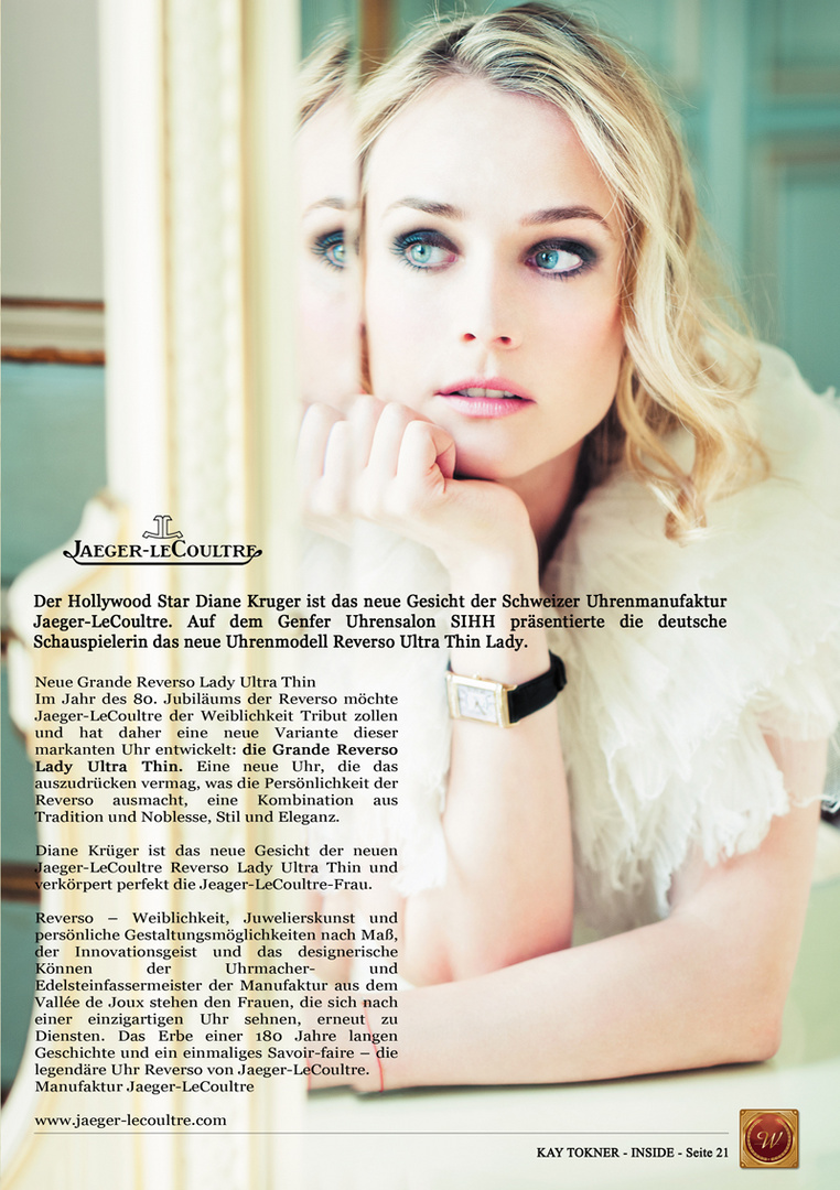 Anzeige von Jaeger-LeCoultre mit Diane Kruger im KAY TOKNER Magazin