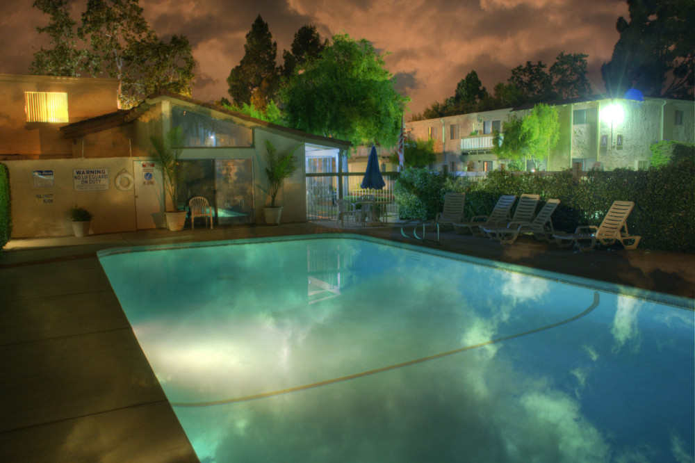 Apartment pool at night