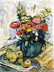 Aquarell: Blumen in blauer Vase