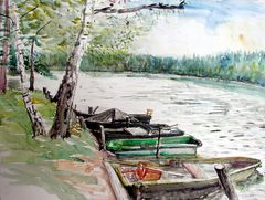 Aquarell: Boote am Steinsee - Oberbayern