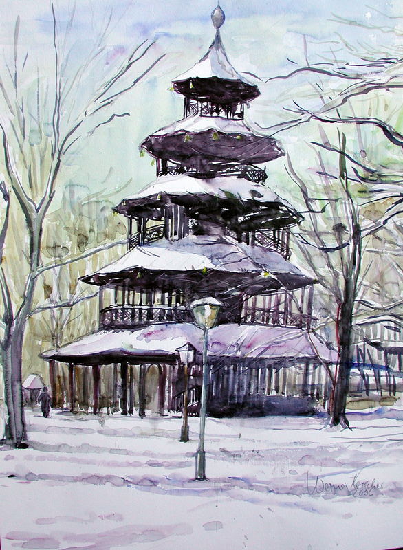 Aquarell: Chinesischer Turm München Engl.Garten