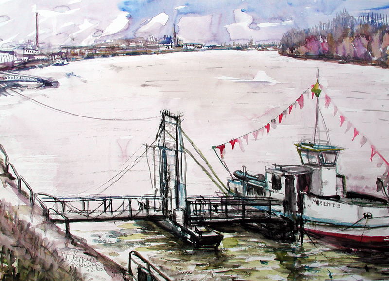 Aquarell: Fähre Wesseling a. Rhein