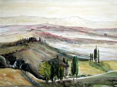 Aquarell: Morgennebel in der Toscana