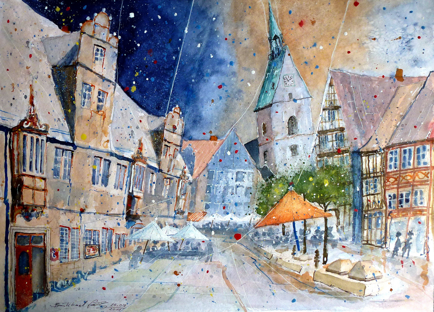 Aquarell: Rathaus und St. Martini in Stadthagen