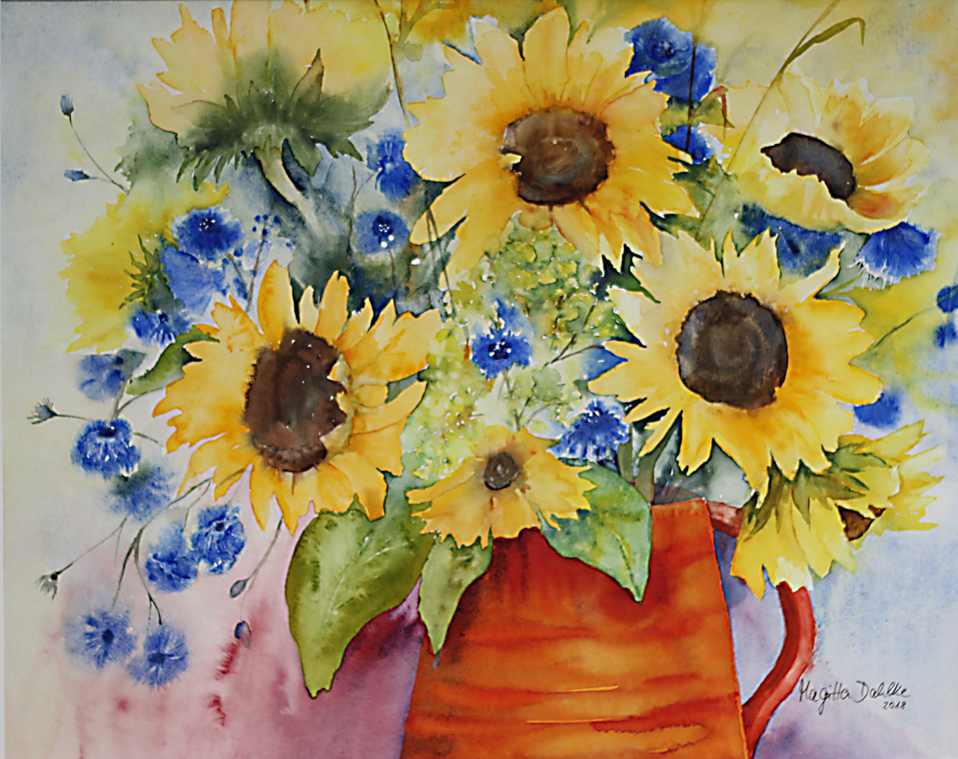 Aquarell "Sonnen- mit Kornblumen"  Mittwochsblümchen 25.08.2021