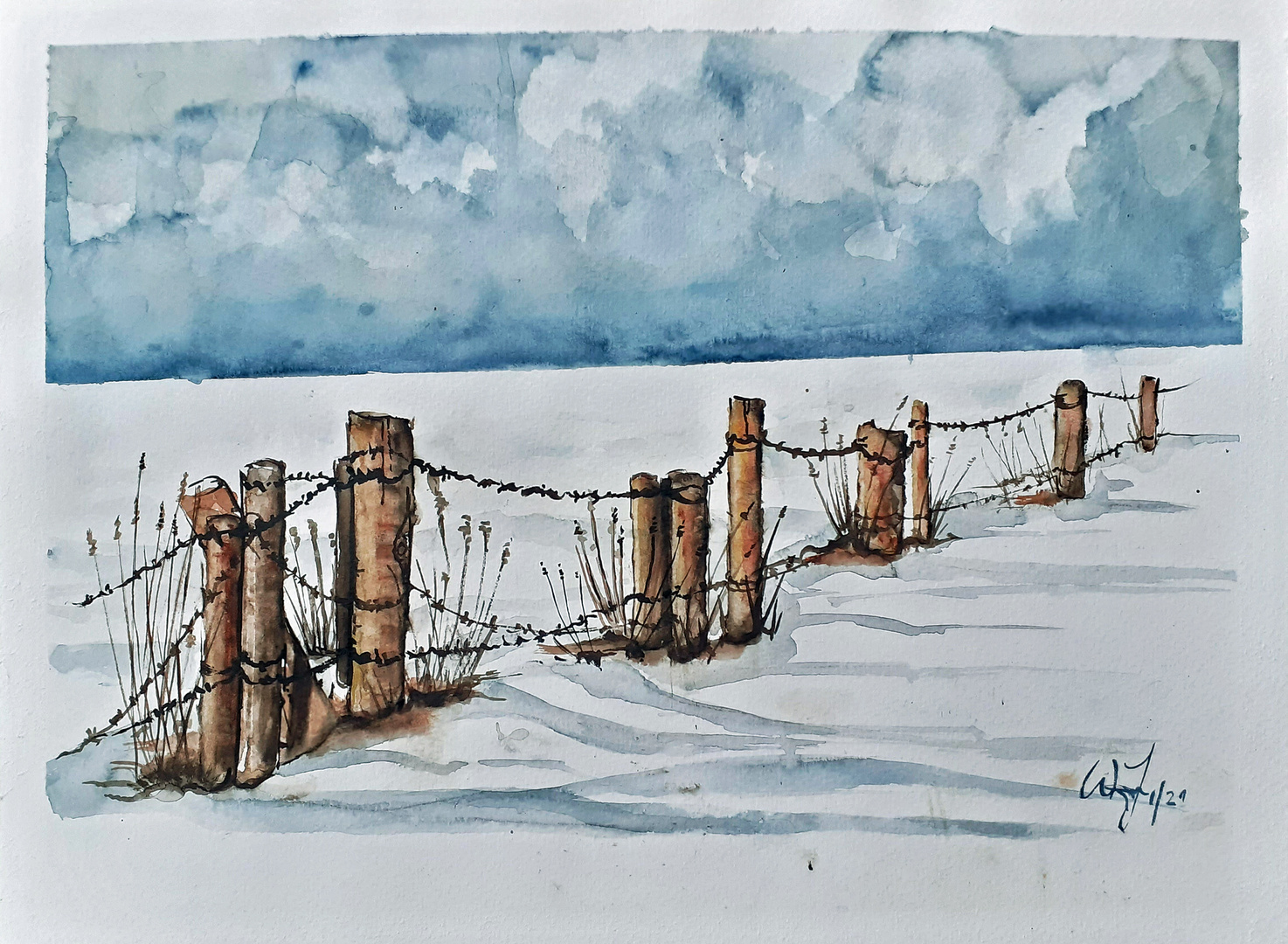 Aquarell Zaun mit Schnee...Vers.1