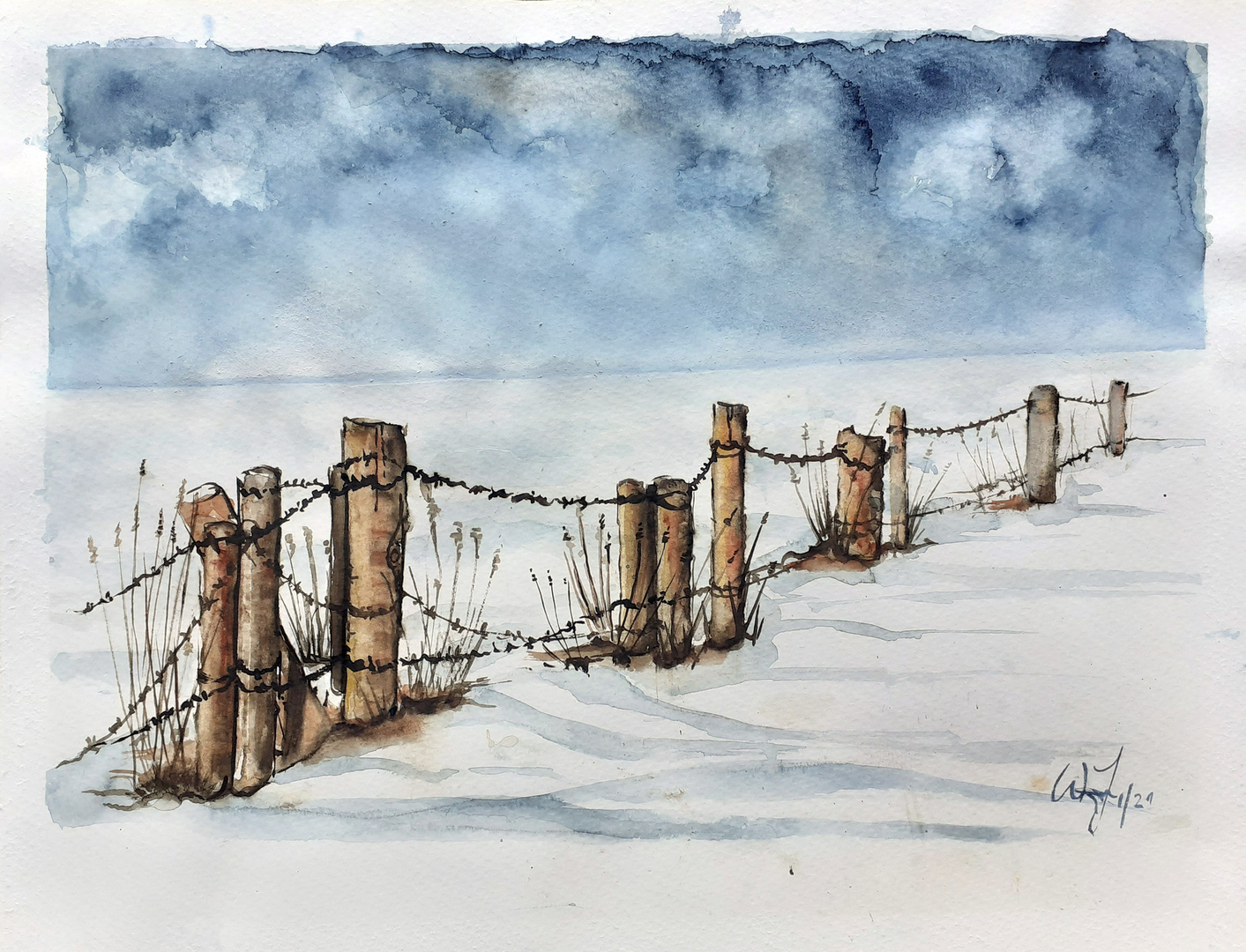 Aquarell Zaun mit Schnee...Vers.2