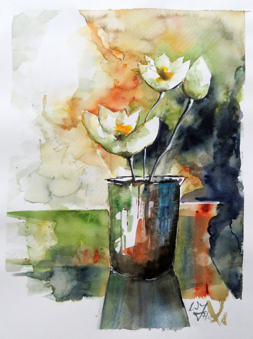 Aquarell_Topf mit 3 Blumen_MARABU220_30x42