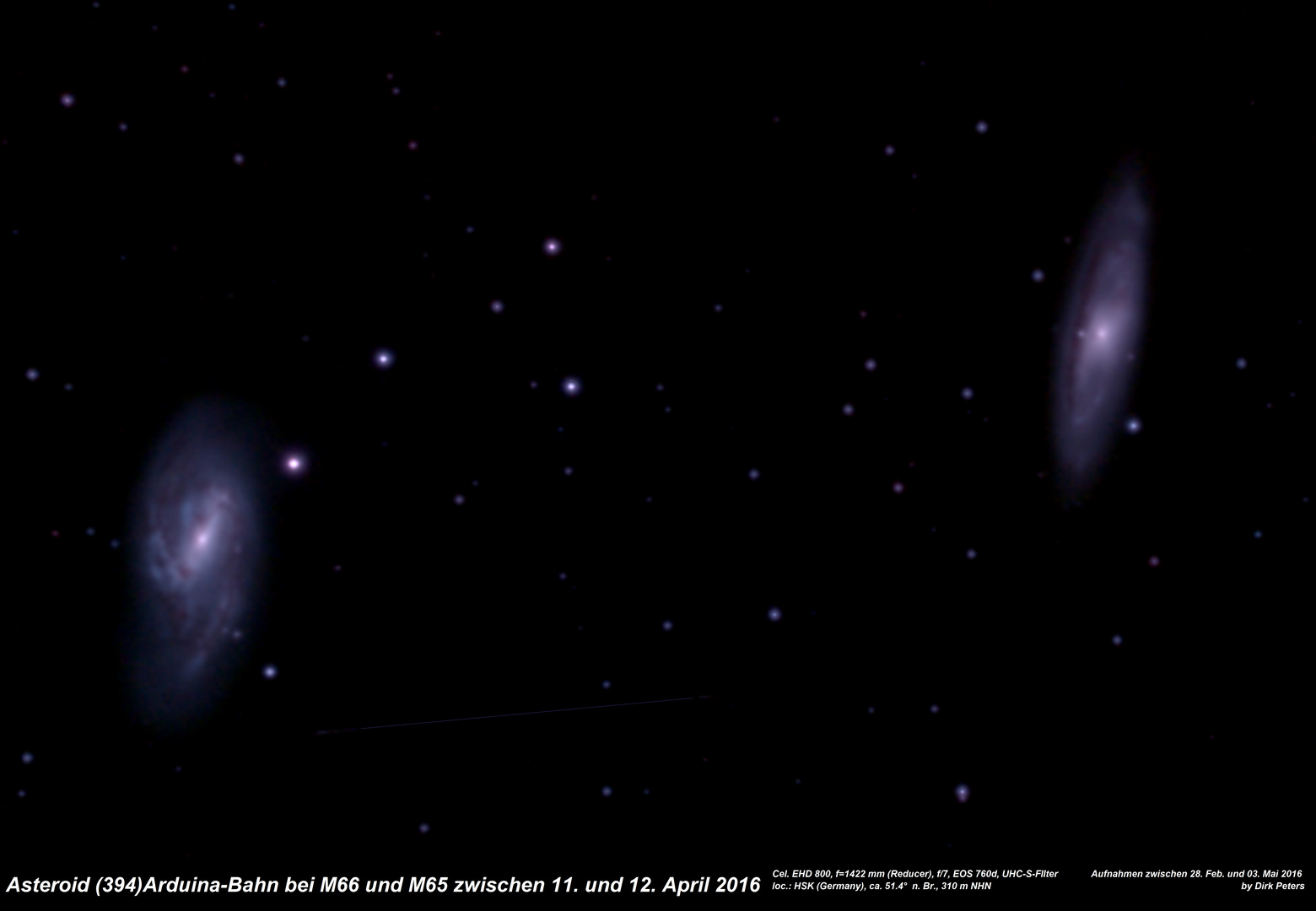 Asteroid (394)Arduina-Bahn bei M66 und M65 zwischen 11. und 12. April 2016