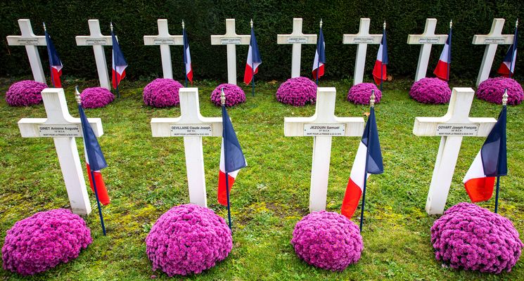 Auch die Kriegsgräber werden mit Chrysanthemen geschmückt