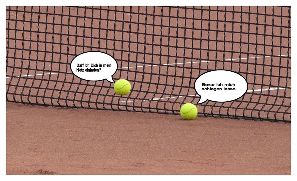 Auf dem  Borkumer Pfingst-Tennis-Turnier 2014 unterhalten sich zwei Tennisbälle ....