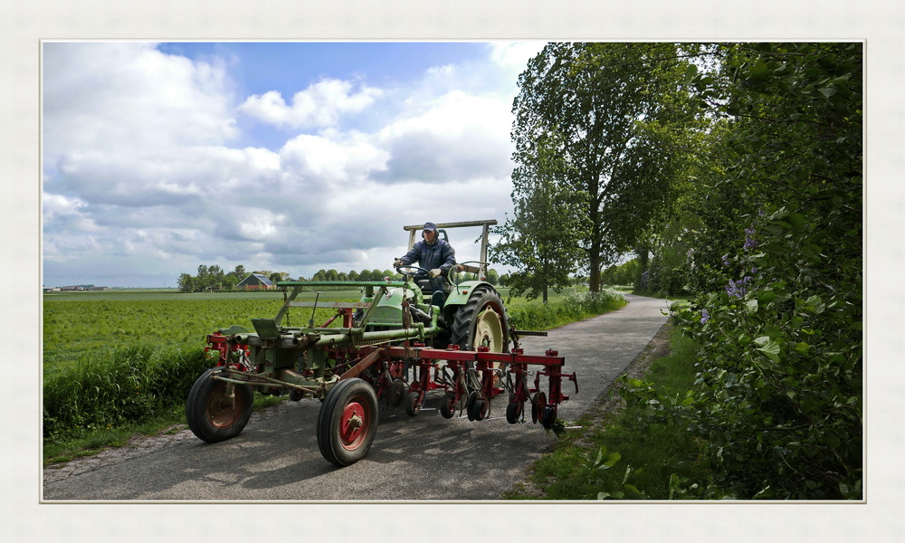 auf dem schmalen Weg fuhr ein Trecker vorbei