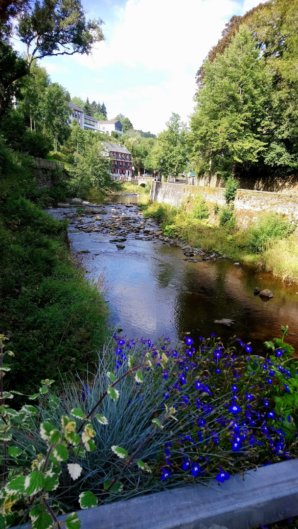 Auf einer Brücke über der Rur in Monschau 