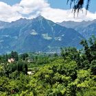 Auf nach Südtirol 2023  - Blick von Schloss Trauttmansdorff zu den Gipfeln der Texelgruppe