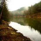 Aufziehender Dunst am Fischweiher Anfang Febr. 2016