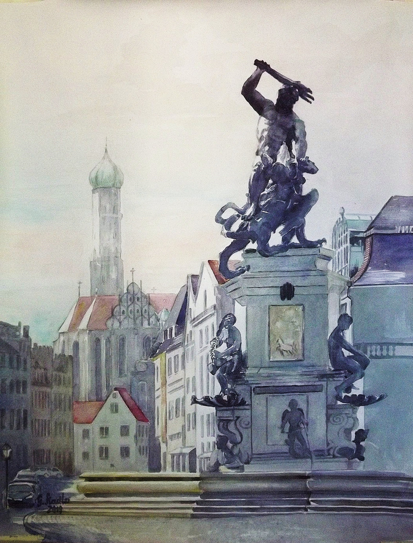 Augsburg Maximilianstraße mit Herkulesbrunnen und Ulrichskirche
