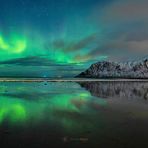 Aurora Borealis Nordlichter über dem Skagsanden beach in Flakstad auf den Lofoten in Norwegen!