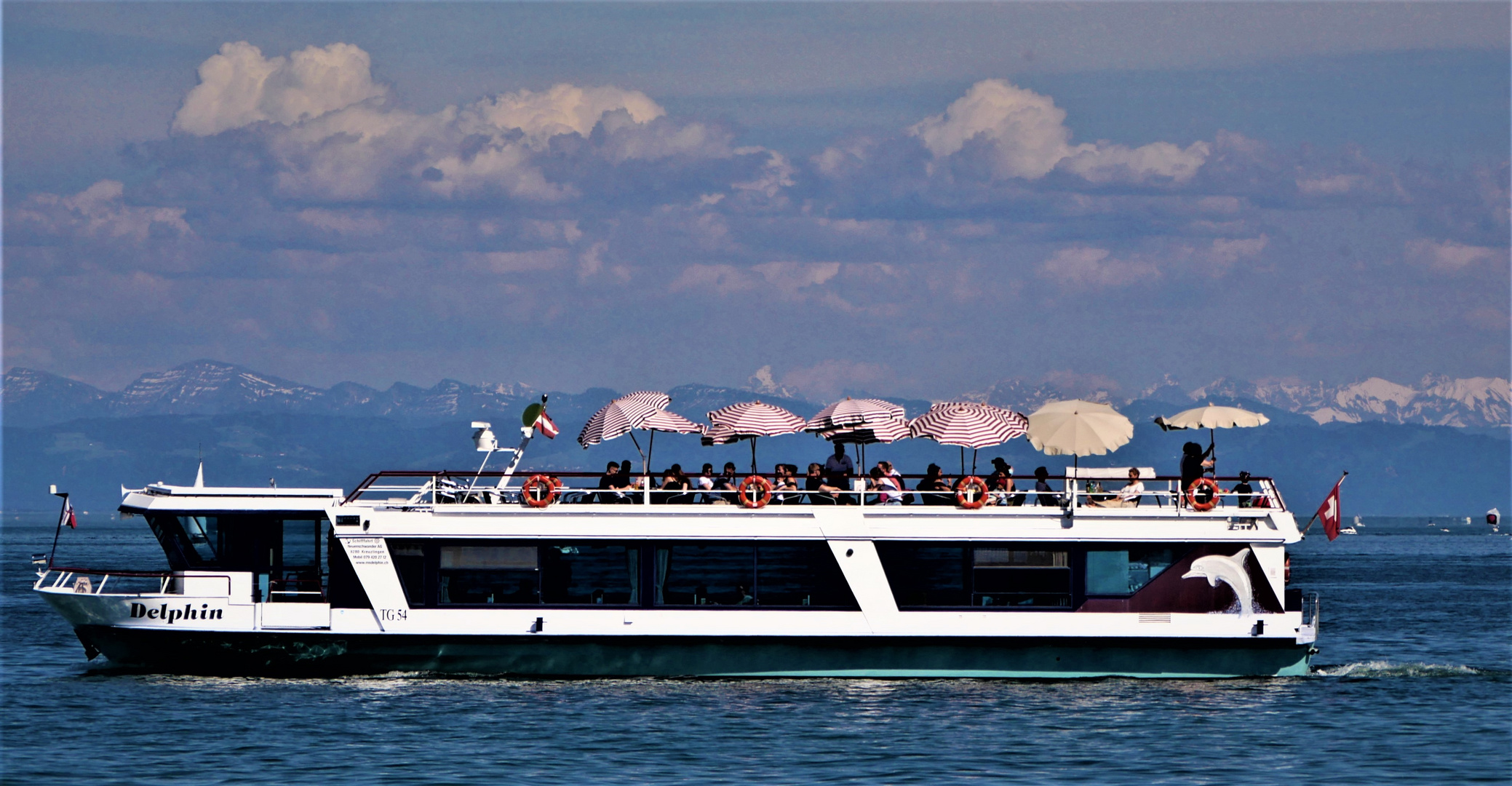 Ausflugsschiff Delphin vor der Alpenkulisse des Bodensees 2019