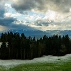 Aussicht auf das Rheintal mit Wolken und Nebel, Dornbirn, Bodensee