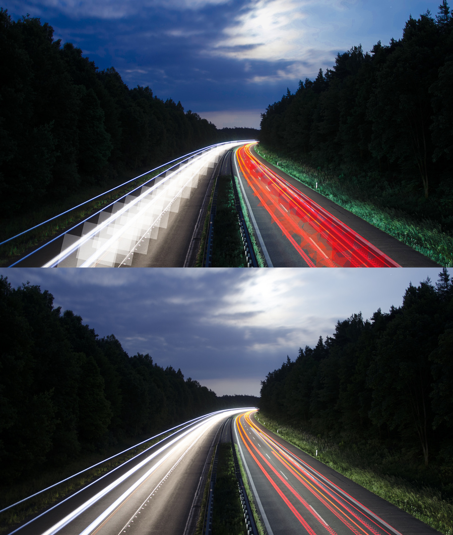 Autobahn in Langzeitbelichtung beabeitet / unbearbeitet