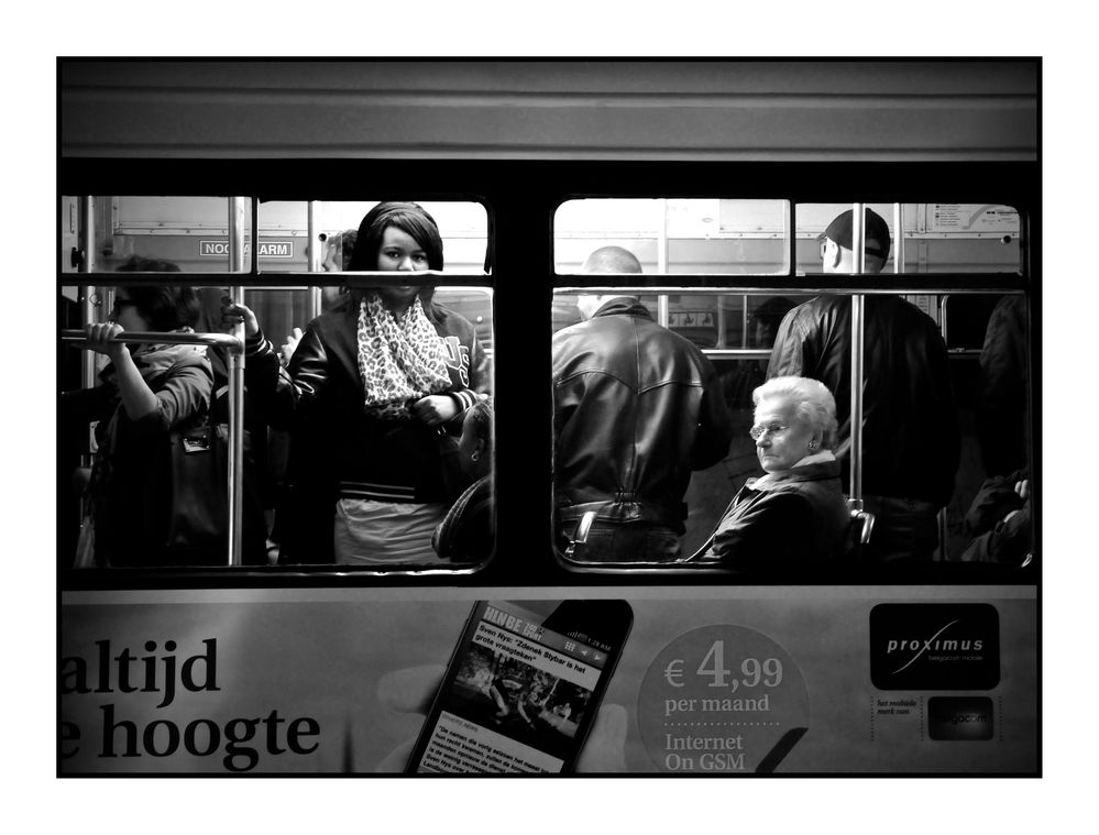 B & W at night in the tramway. by Filip Meulemeester 