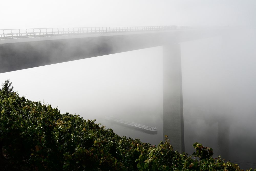 Moselbrücke im Nebel von Richard Peter Schneider